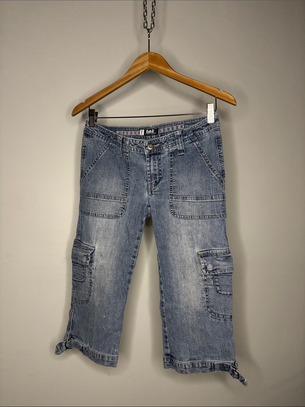 Y2K Denim Cropped Cargo Bermuda Drop Waste Capri Jean with Buckle Hems